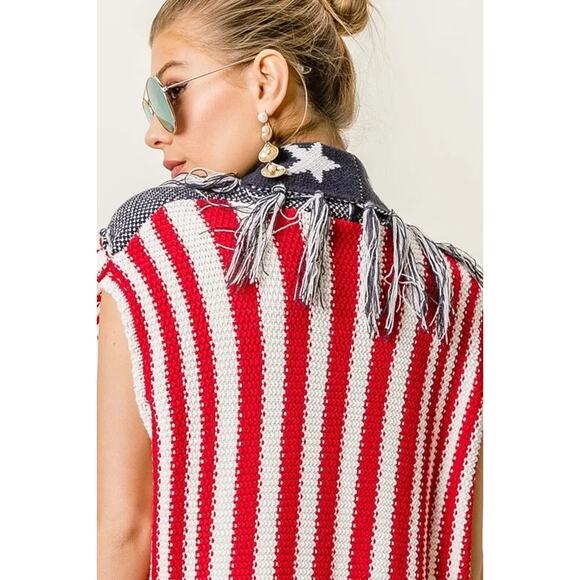 BiBi American Flag Theme Fringe Edged Detail Relaxed Fit Sweater Vest | Navy/Red - Picture 12 of 12